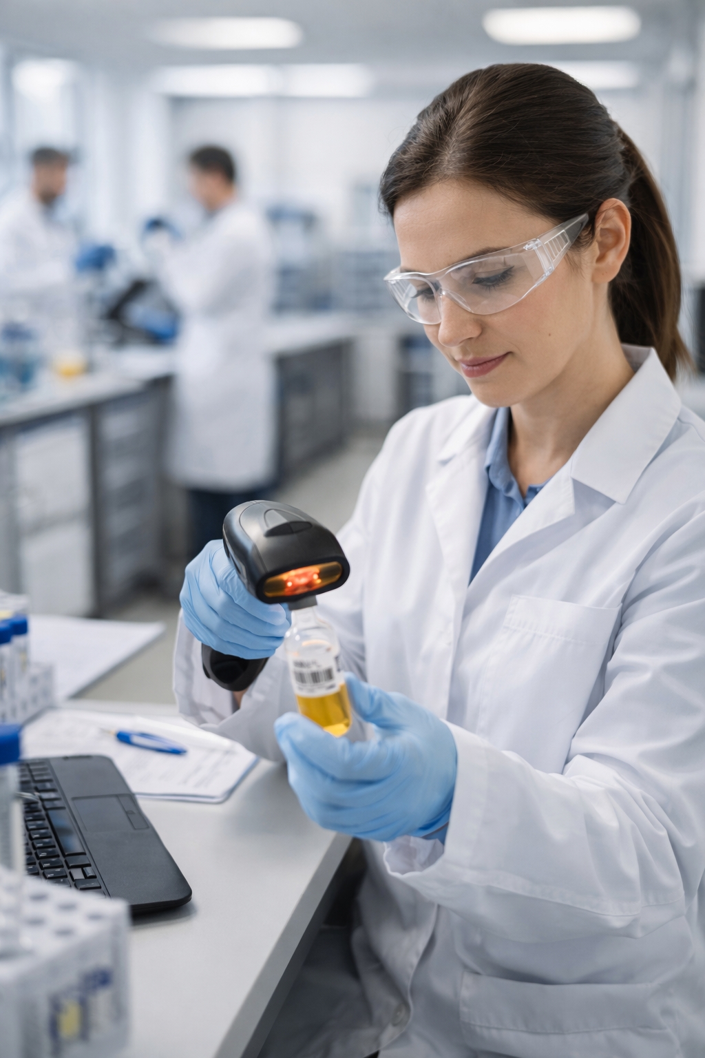 Laborantin scannt Probe